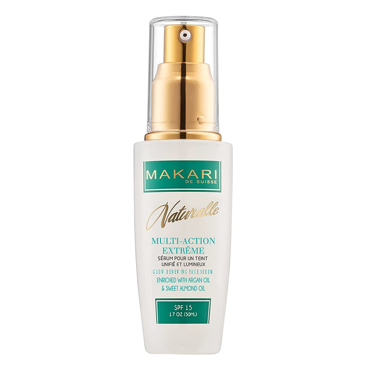 Makari Naturalle serum bottle front view highlighting hydration for uneven skin