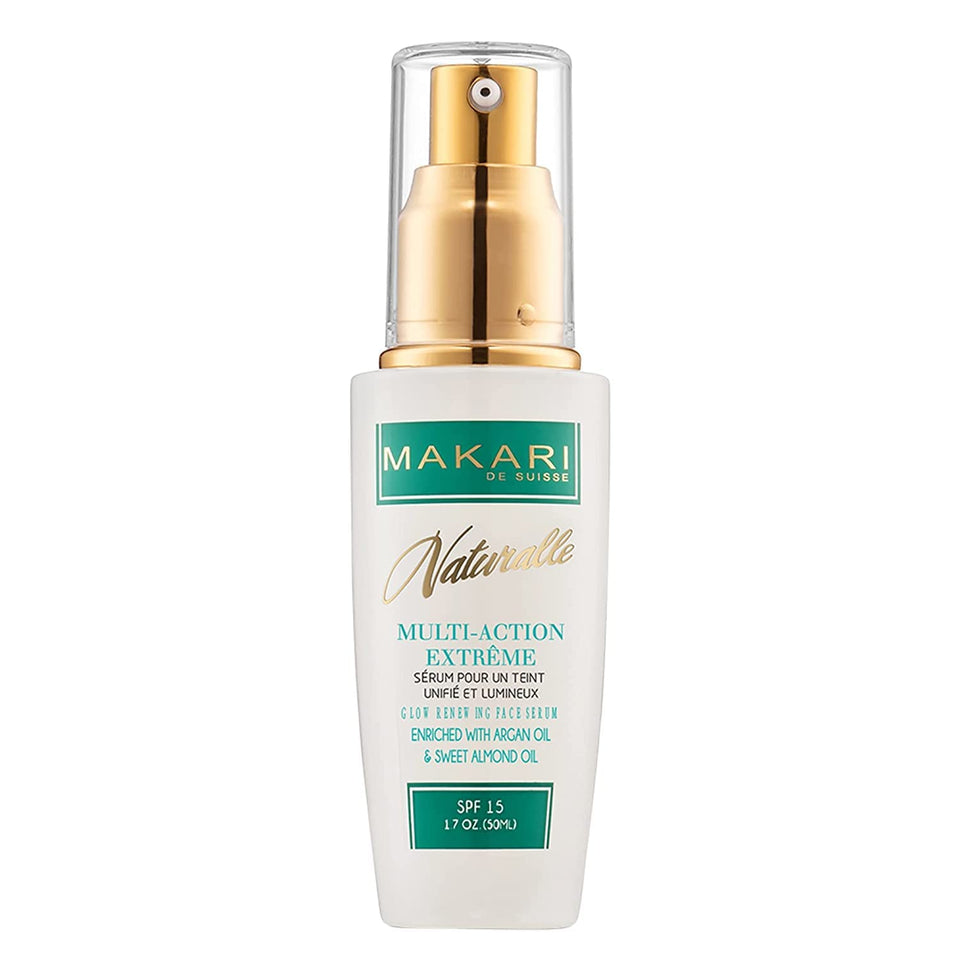 Makari Naturalle serum bottle front view highlighting hydration for uneven skin