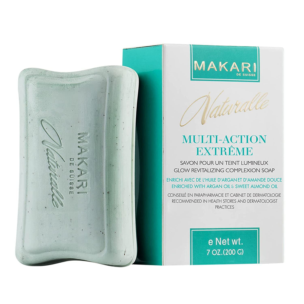 Makari Naturalle soap bar close-up texture showing a moisturizing formula.