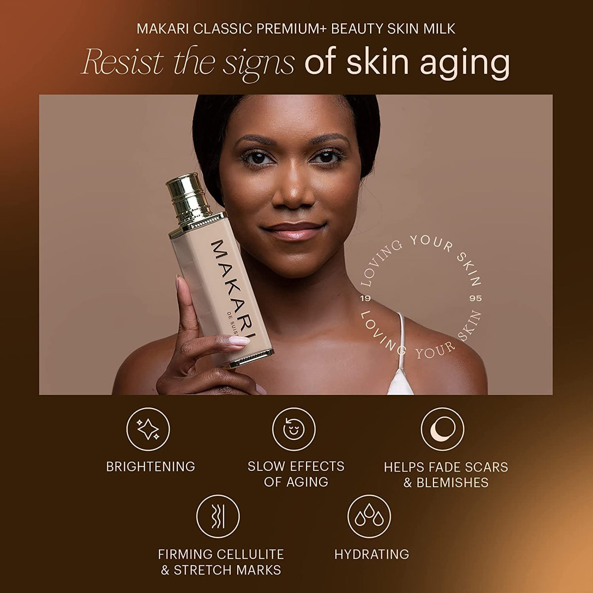 Makari Premium+ Body Brightening Milk applied to skin for smooth, hydrated feel.