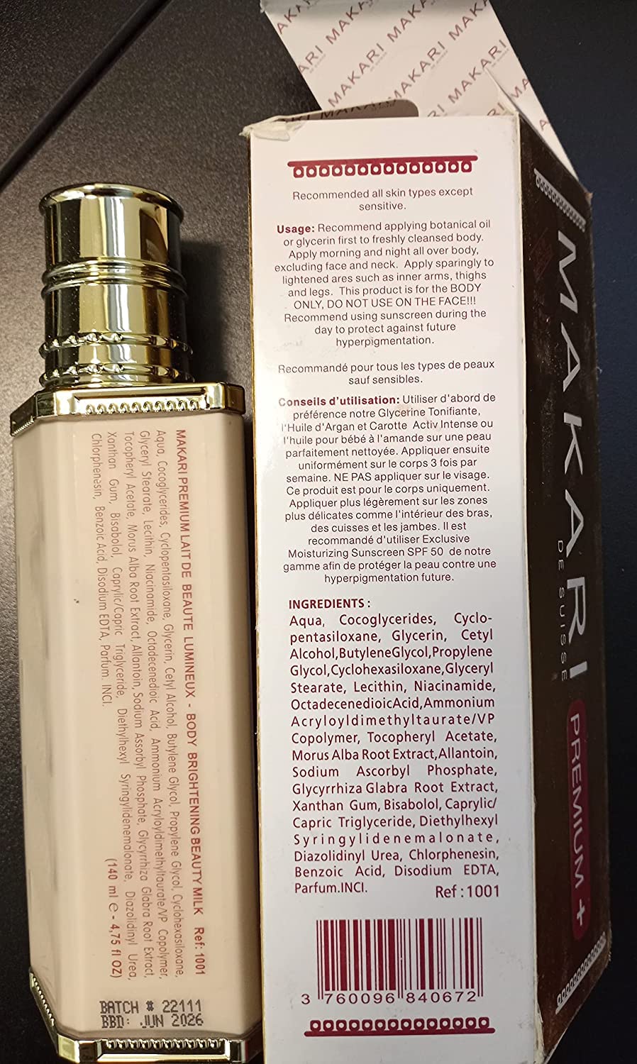 Makari Premium+ even-toned skin with smooth texture using the lotion.