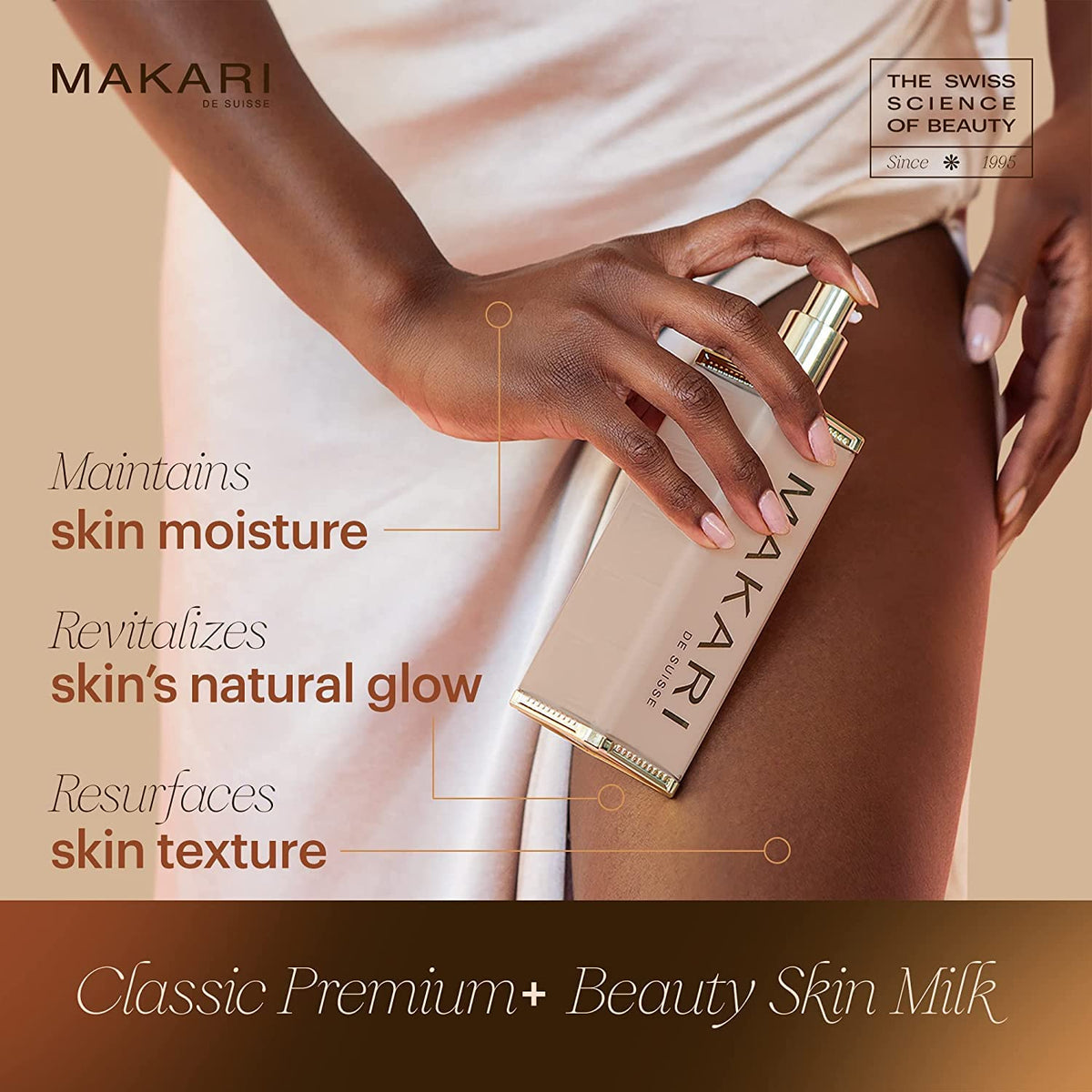 Makari Premium+ Body Brightening Milk pump demonstrated for easy, mess-free application.