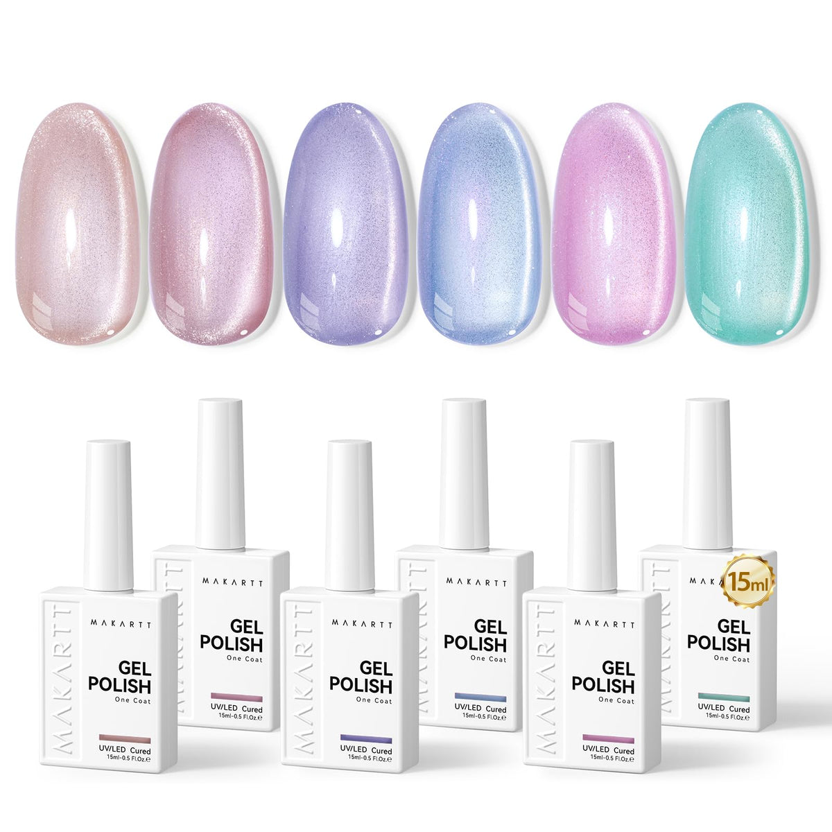 Makartt cat eye gel polish in green shimmer for a chic at-home manicure.