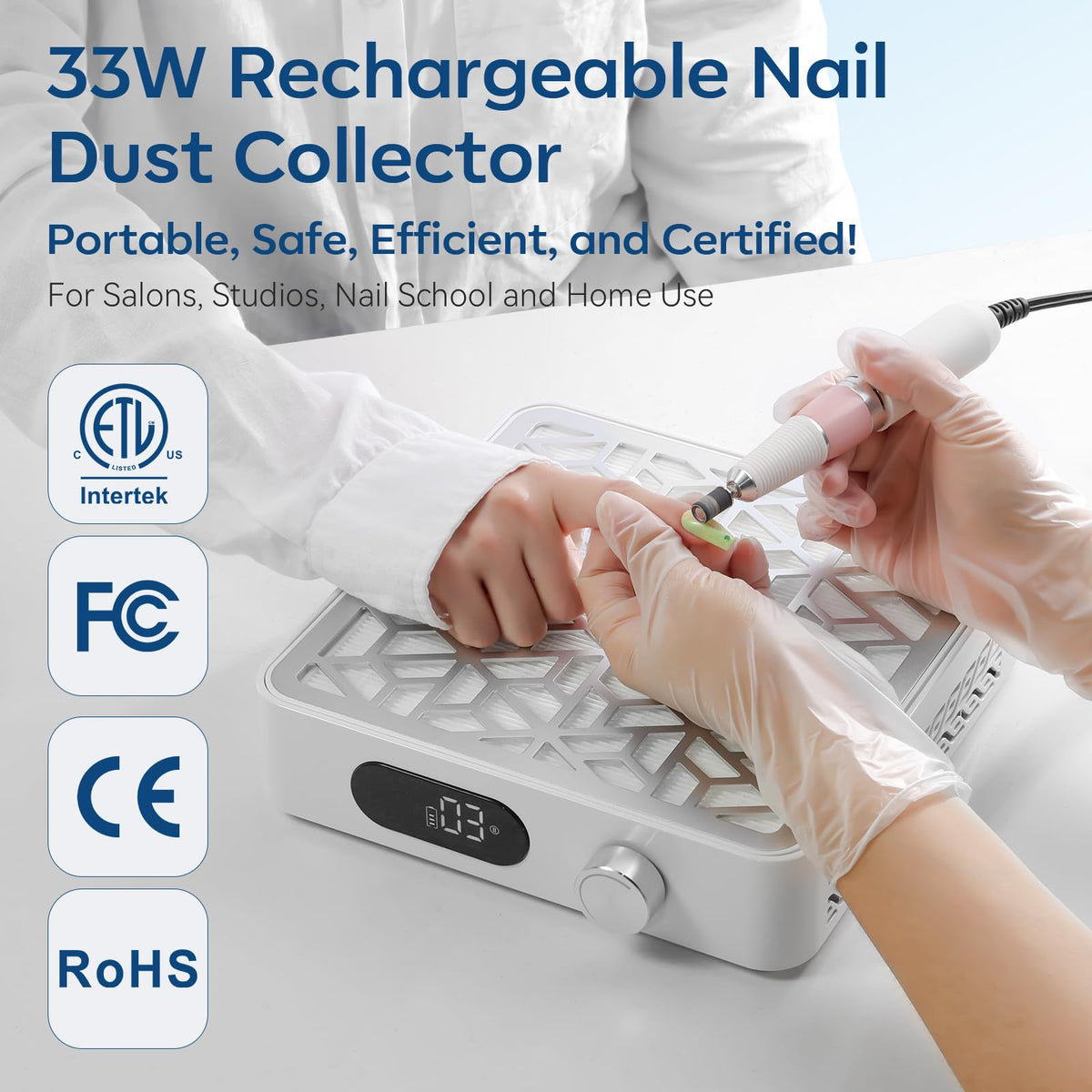 Makartt DACCAL on-table setup highlights quiet operation during nail filing.