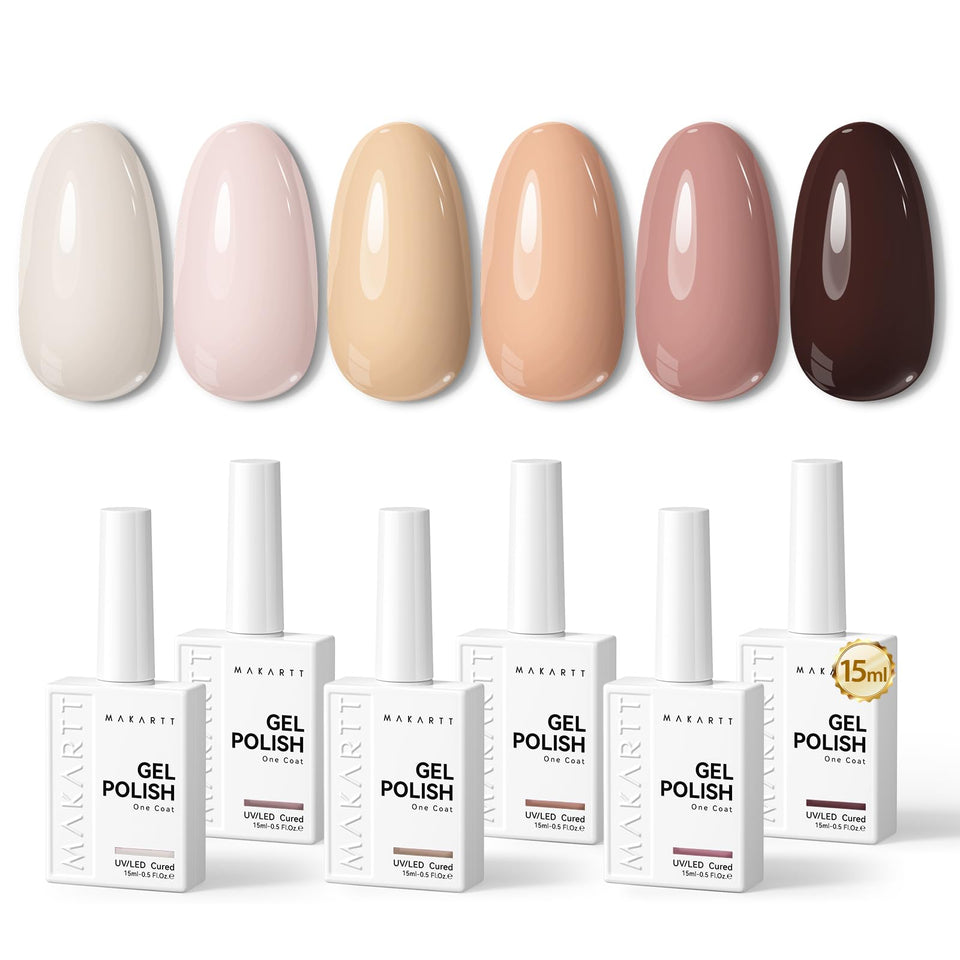 Makartt gel nail polish set swatches in nude and brown tones for everyday looks.