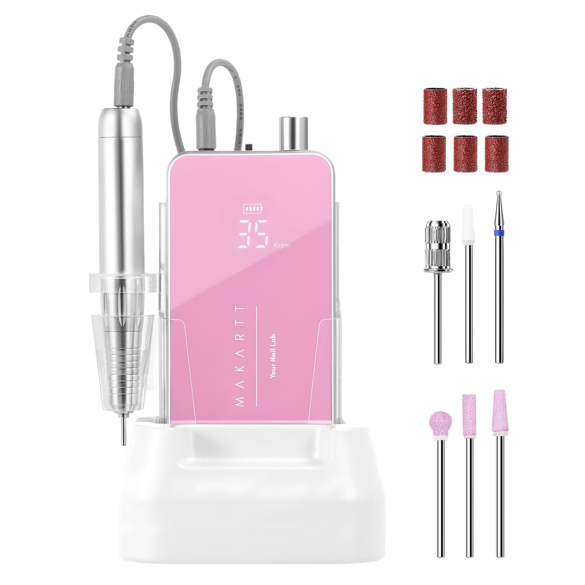 Makartt Nail Drill Professional with LCD display shows RPM and battery for precise cordless styling.