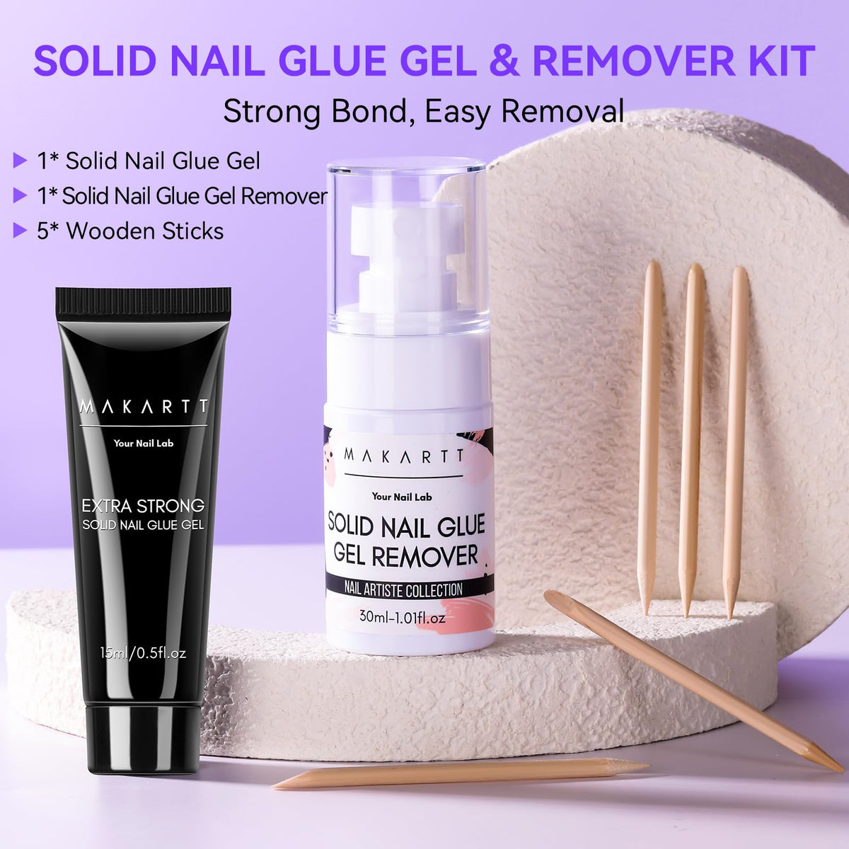 Makartt nail glue remover solid gel dissolves quickly for easy clean-up.