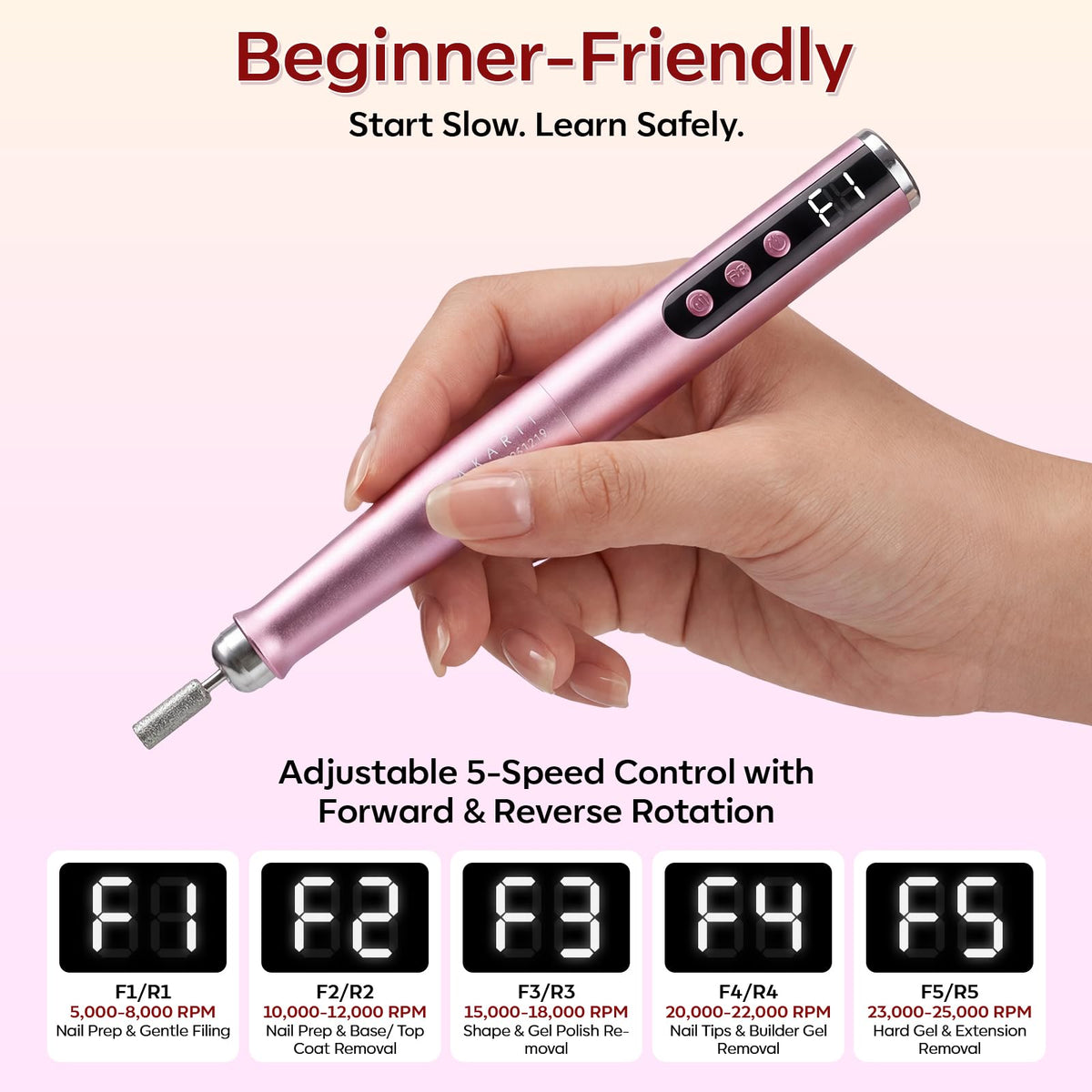 Makartt pen-shaped nail drill with LED display shows speed and battery.