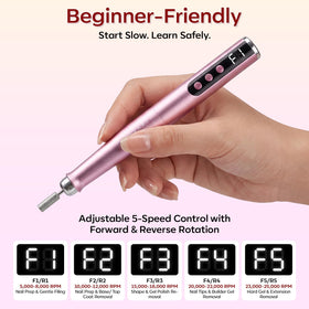 Makartt pen-shaped nail drill with LED display shows speed and battery.