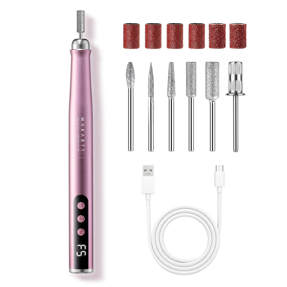 Makartt pen-shaped nail drill in pink front view for precise manicure prep.