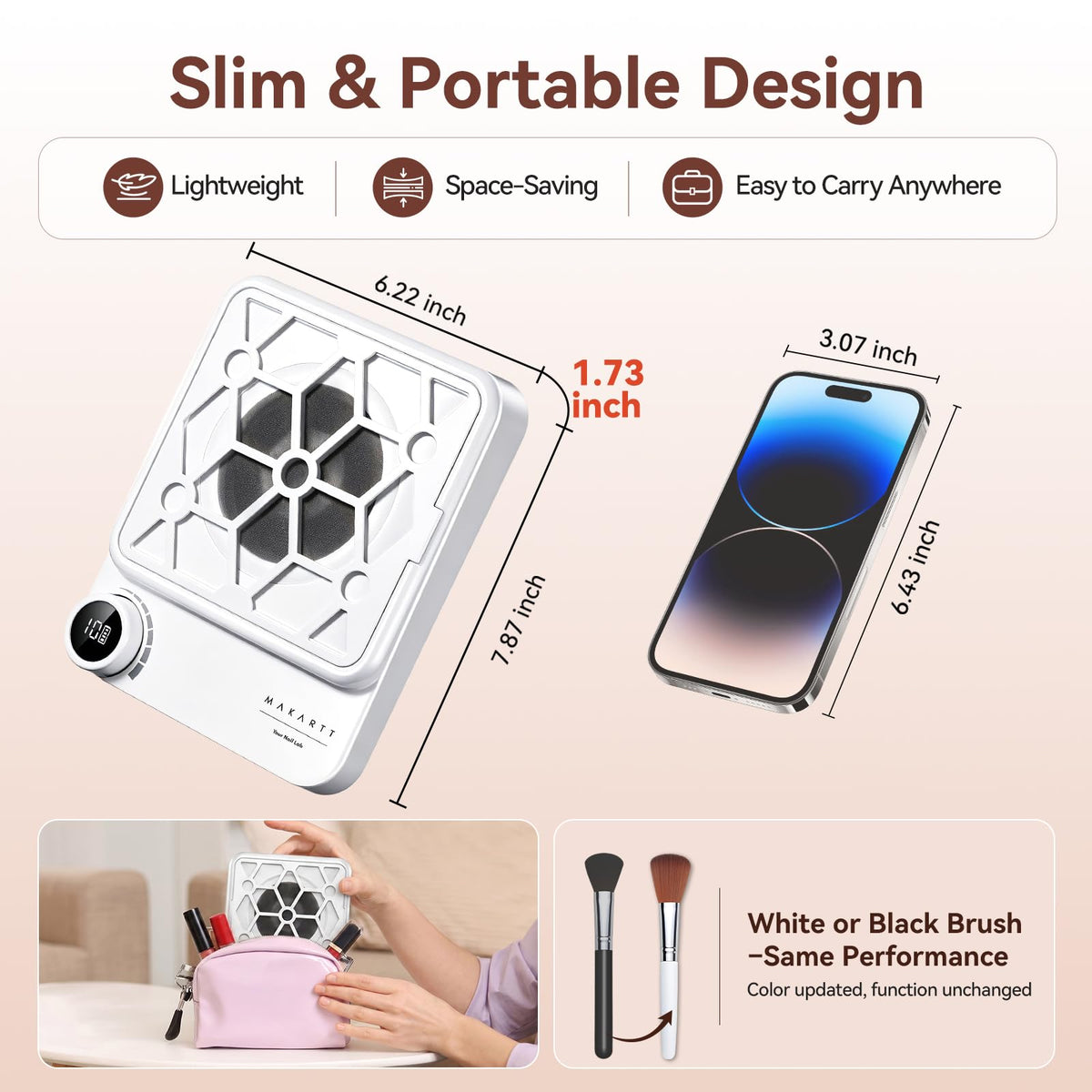 Makartt Rechargeable Nail Dust Collector side view shows compact footprint