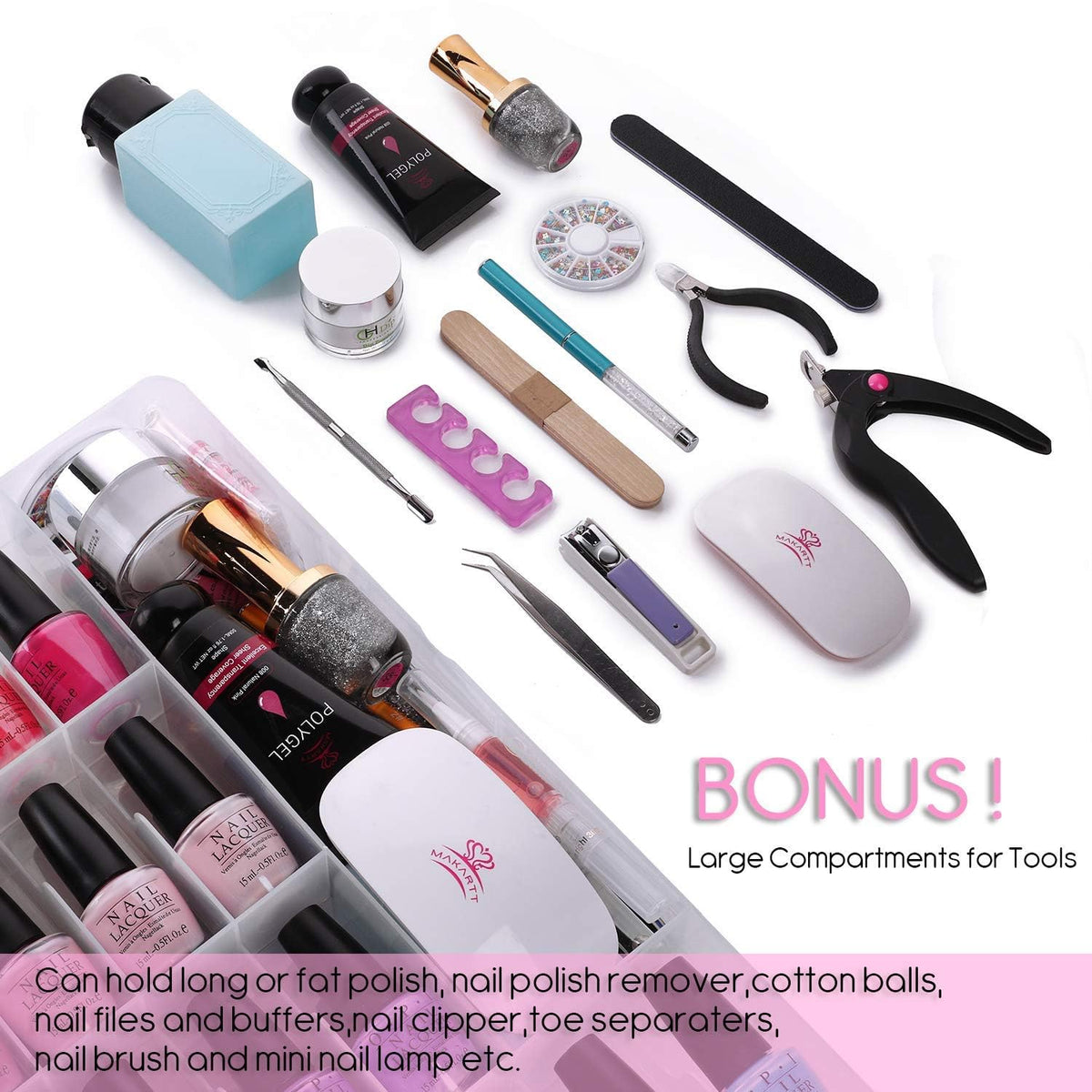 Makartt wide extra-space supports larger bottles and nail accessories.
