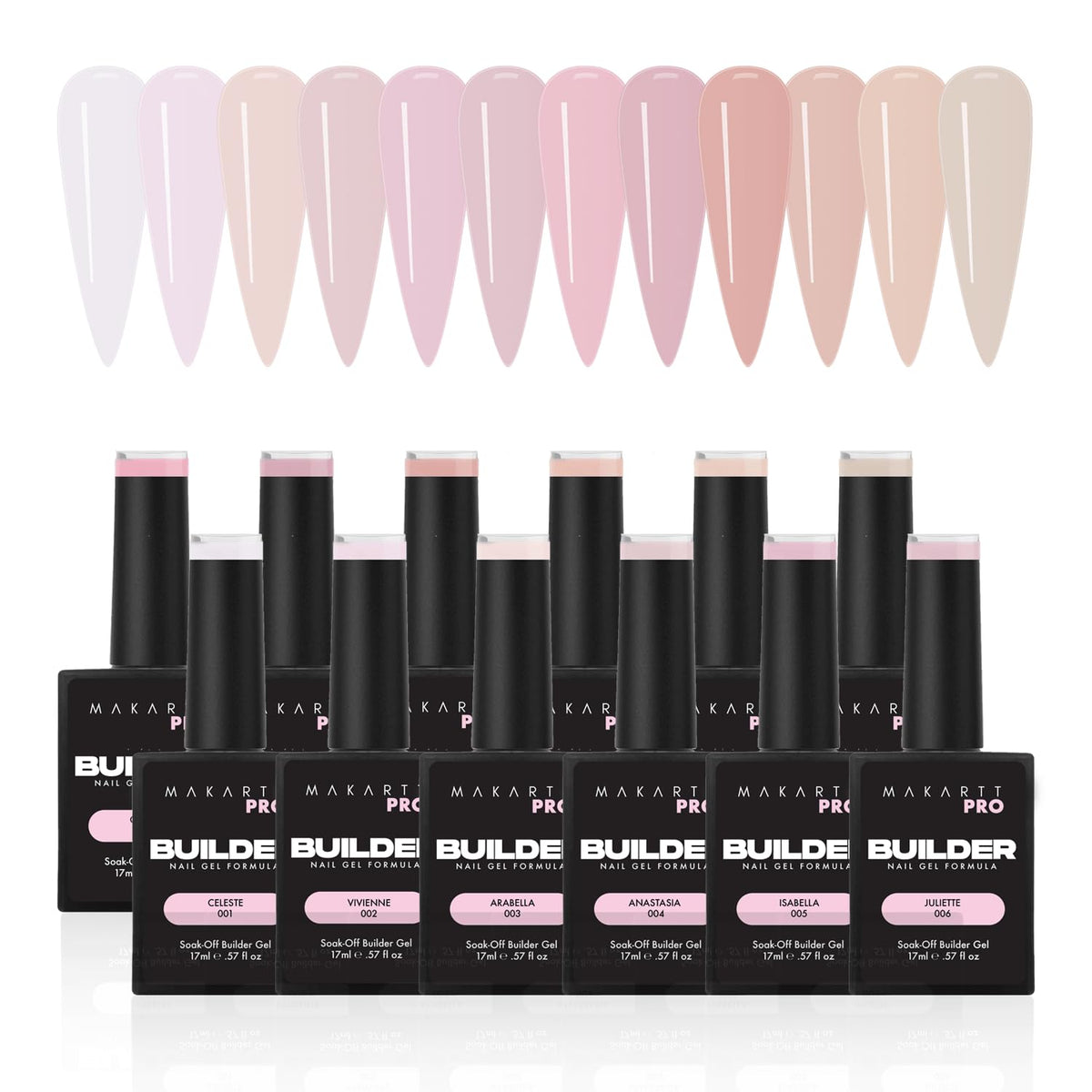 MakarttPro builder gel in bottle with 12 shades for natural overlays