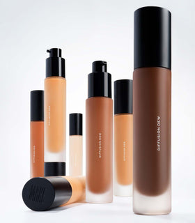 MAKE Beauty Skin Tint application swatch on skin demonstrates easy blending with fingers, brush, or sponge