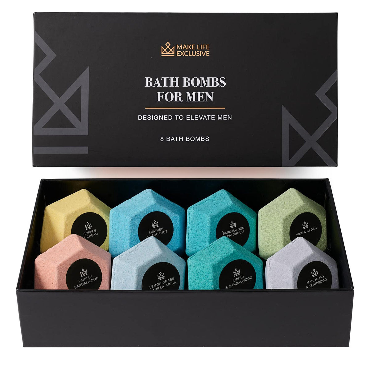 make life exclusive bath bombs for men, large diamond shapes, soothing aromatherapy after a long day.