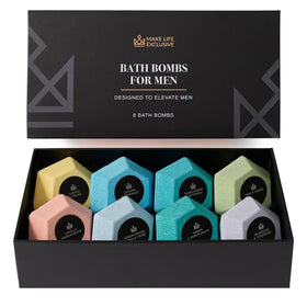 make life exclusive bath bombs for men, large diamond shapes, soothing aromatherapy after a long day.