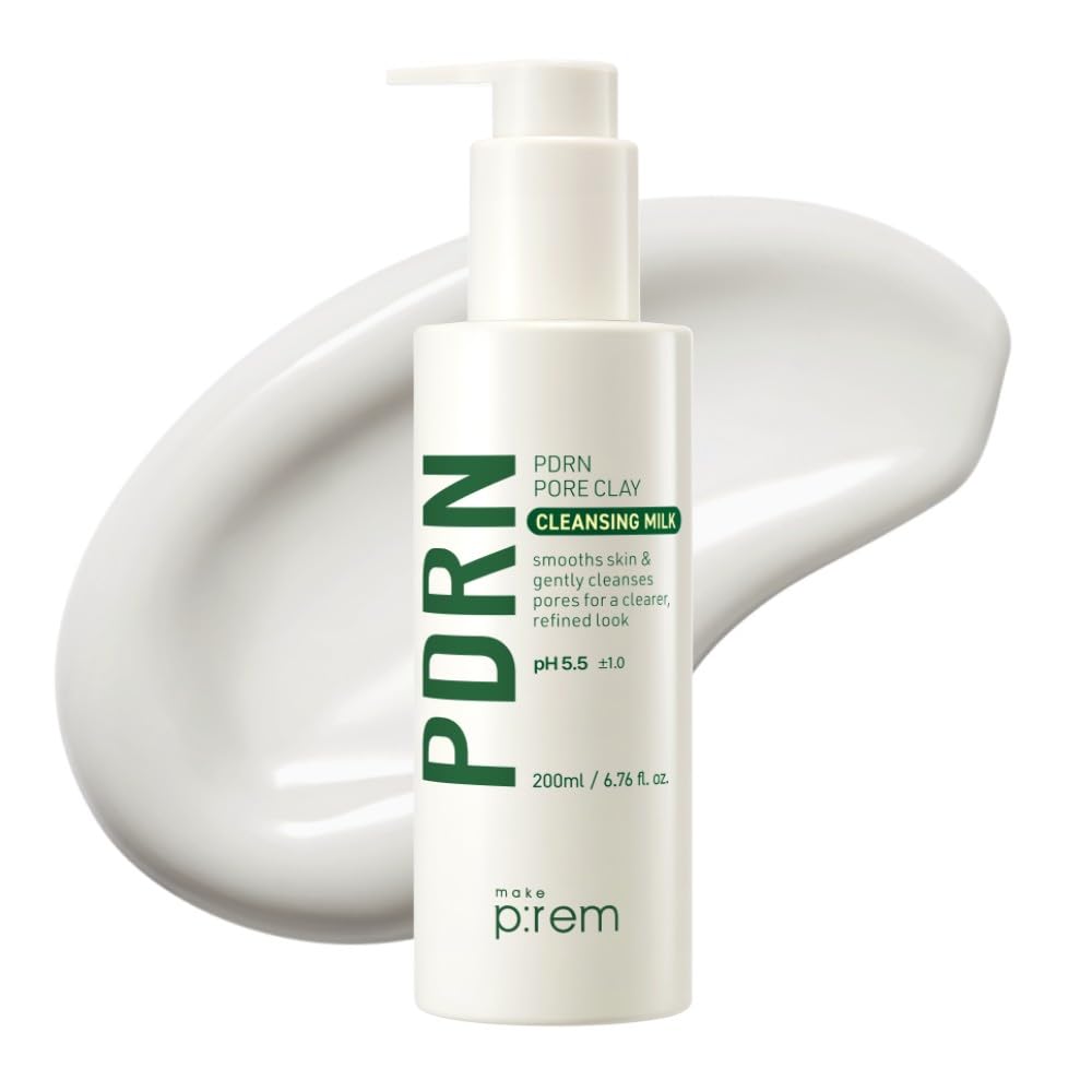 MAKEP:REM PDRN Pore Clay Cleansing Milk bottle closeup demonstrates gentle cleansing for sensitive skin