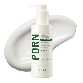MAKEP:REM PDRN Pore Clay Cleansing Milk bottle closeup demonstrates gentle cleansing for sensitive skin