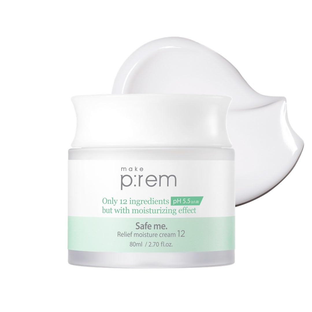 MakeP:REM Safe Me Relief Moisture Cream jar close-up showing soothing hydration for sensitive skin.