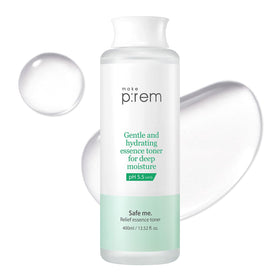 Make P:REM Safe Me. Relief Essence Toner bottle close-up highlights hydrating formula for all skin types