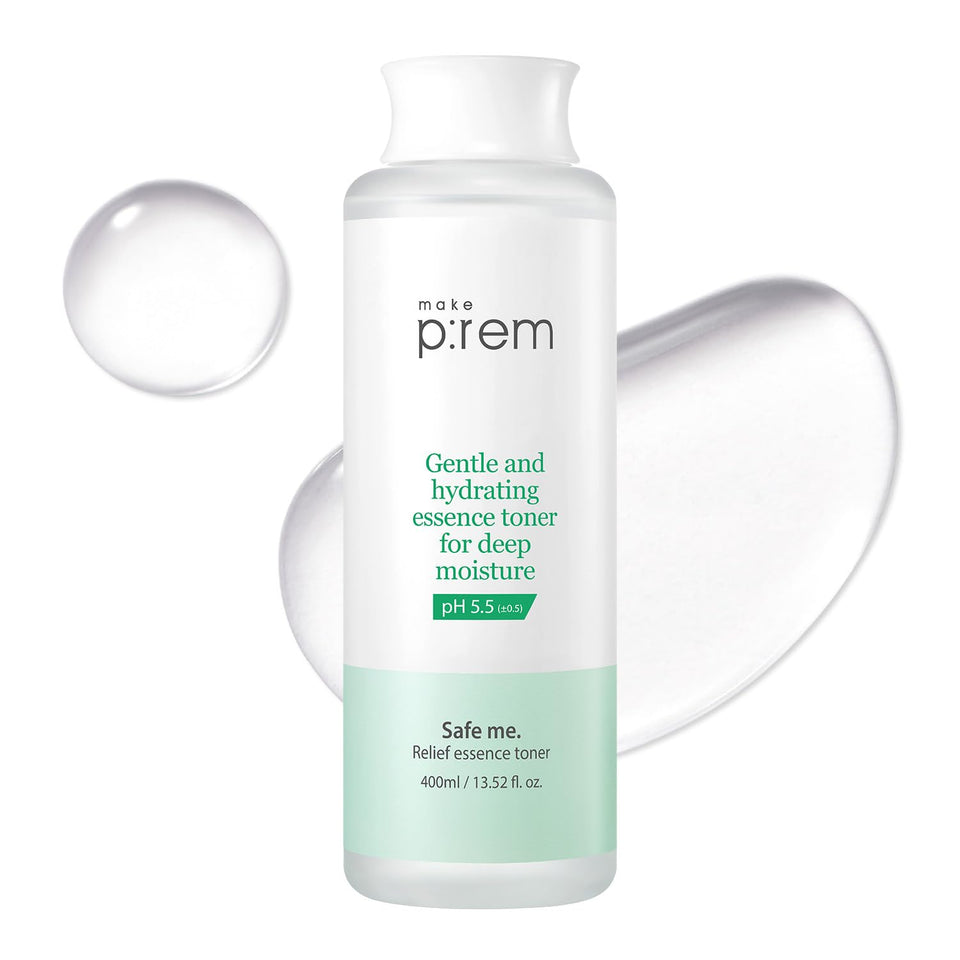 Make P:REM Safe Me. Relief Essence Toner bottle close-up highlights hydrating formula for all skin types