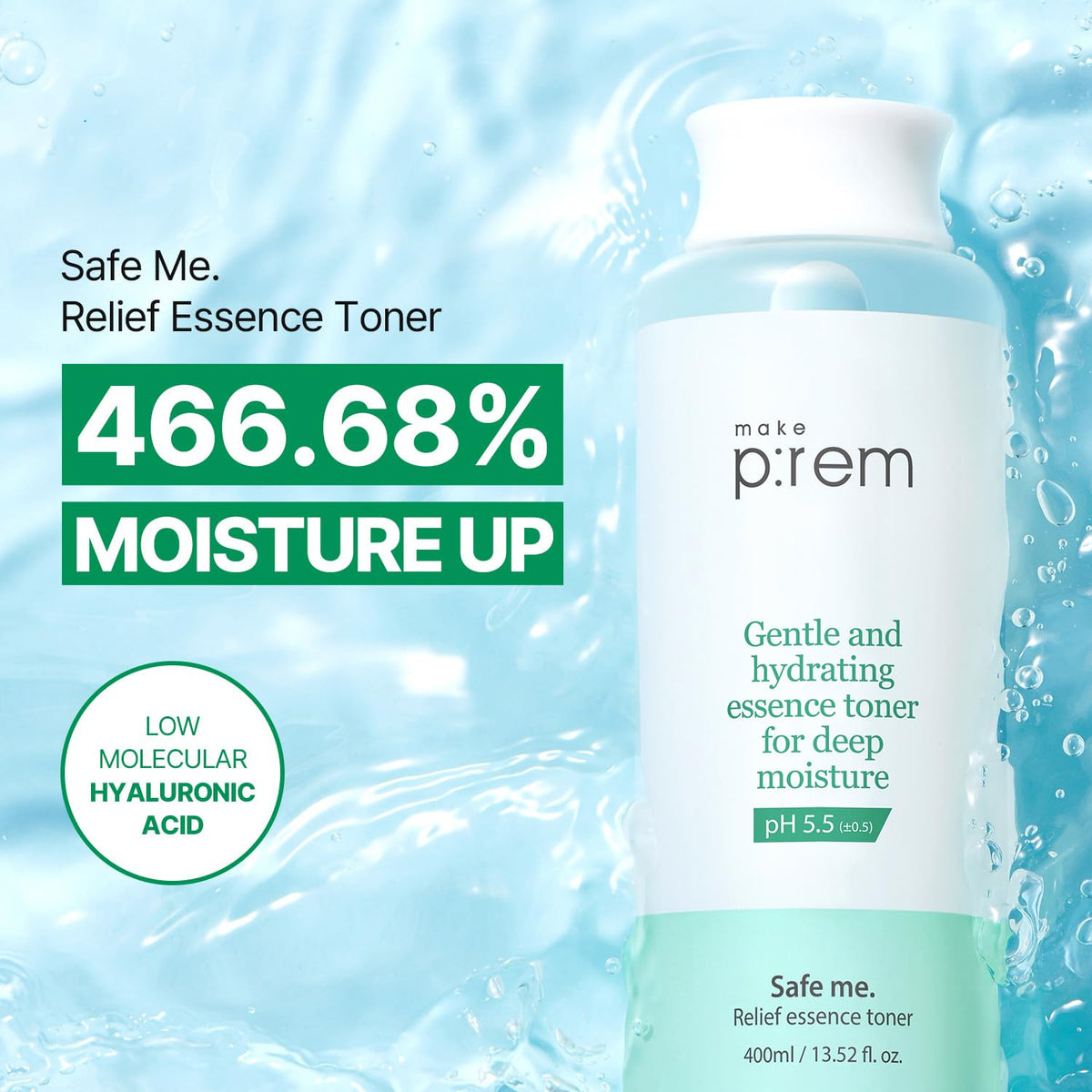 Make P:REM Safe Me. Relief Essence Toner bottle being poured shows instant refreshing hydration
