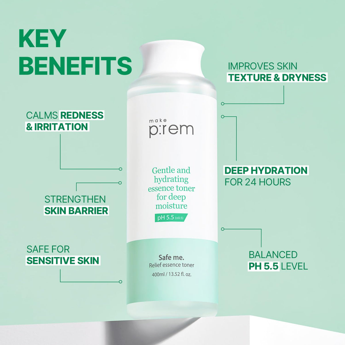 Make P:REM Safe Me. Relief Essence Toner texture swirl showcases quick, non-sticky absorption