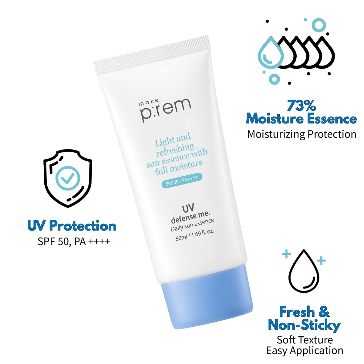 MAKEPREM UVA UVB Defense Me Daily Sun Essence reef-safe packaging and vegan formula.