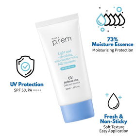 MAKEPREM UVA UVB Defense Me Daily Sun Essence reef-safe packaging and vegan formula.