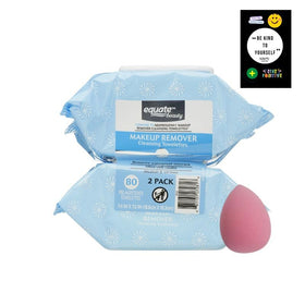 Maker Explorador Equate Beauty makeup wipes packshot showing two-pack, 80-count each, for quick removal.