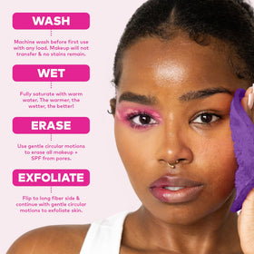 MakeUp Eraser care instructions show simple washing and storage