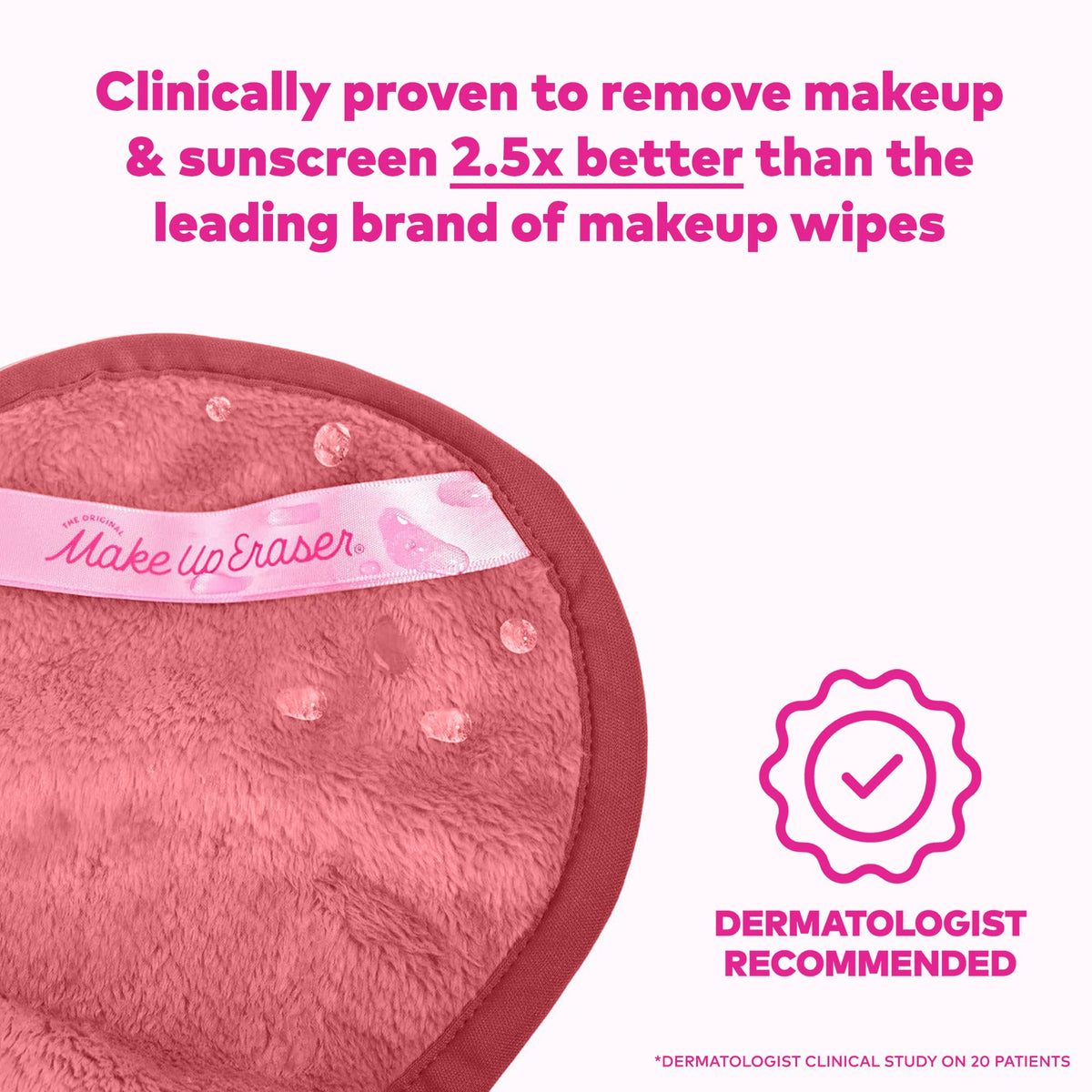 MakeUp Eraser Mini PRO 5pk demonstrates waterproof makeup removal with water.