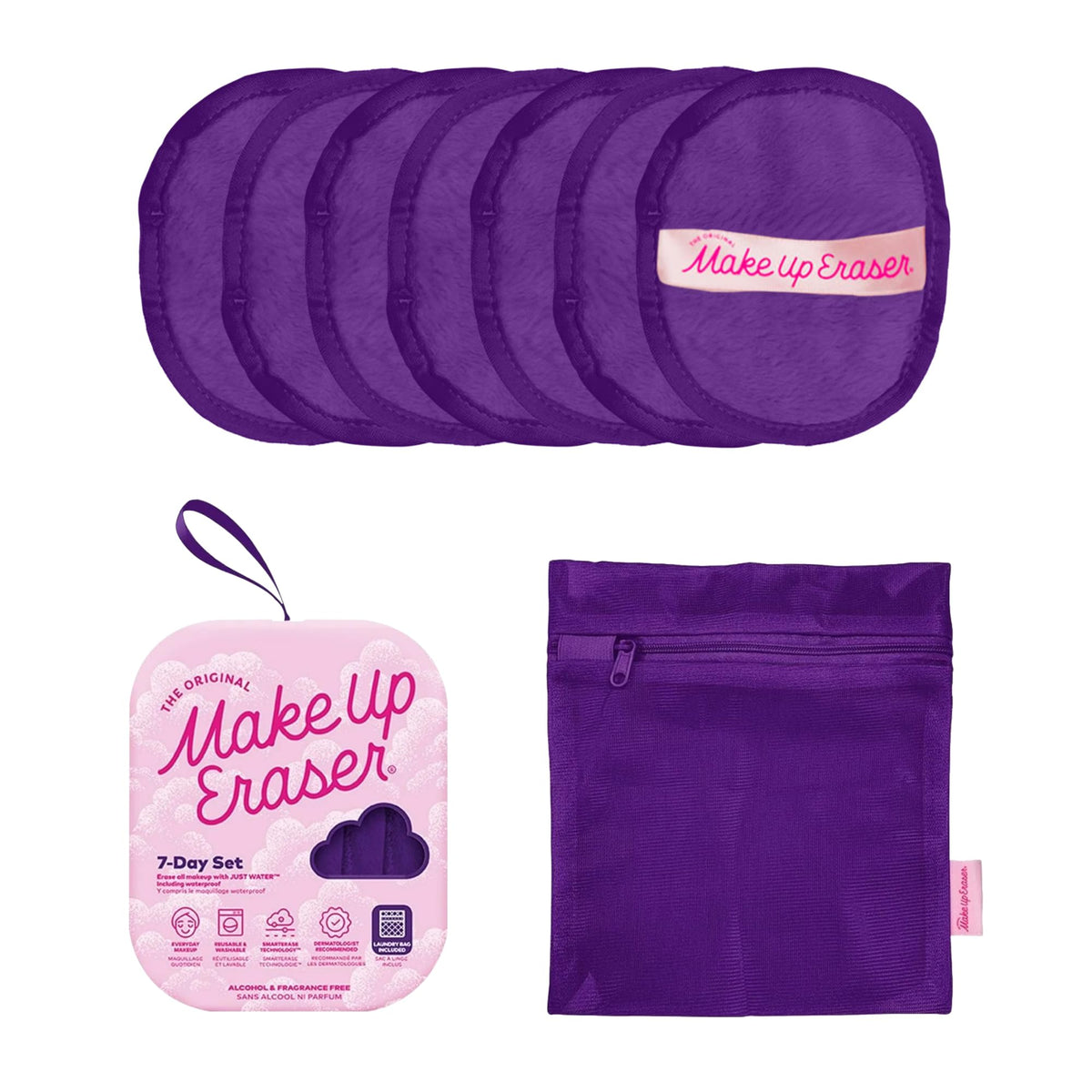 MakeUp Eraser Queen Purple 7-Day Set packaging for easy water-based makeup removal