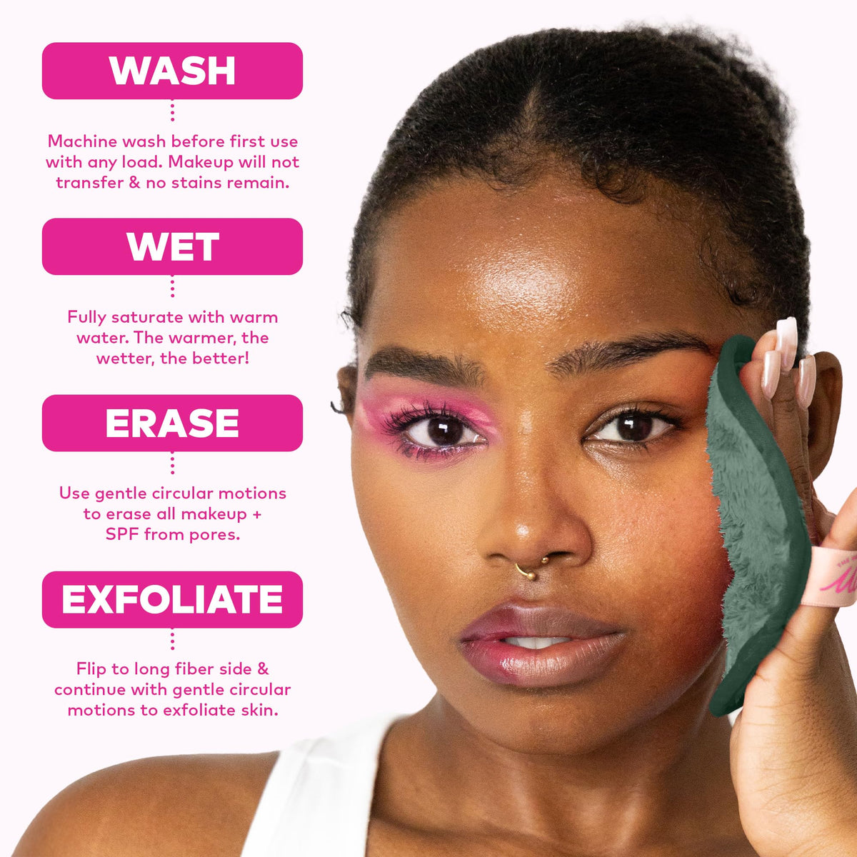 MakeUp Eraser quick-dry fibers on cloth demonstrate comfortable cleansing