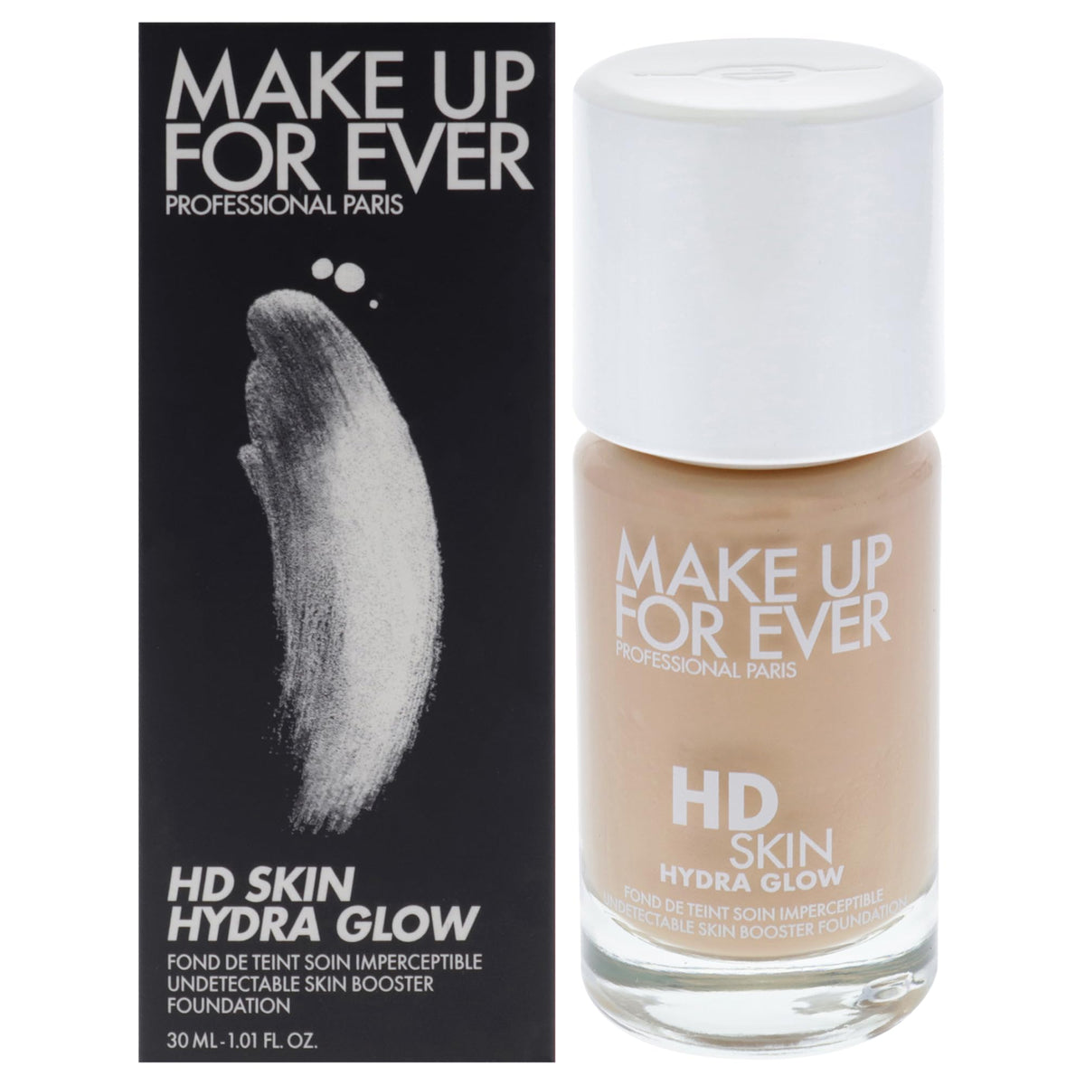 Make Up For Ever HD Skin Hydra Glow bottle close-up shows radiant, skincare-inspired coverage.