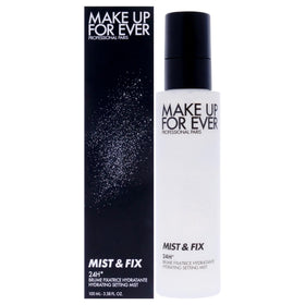 Make Up For Ever Mist and Fix bottle mist for long-lasting hydration and makeup setting.