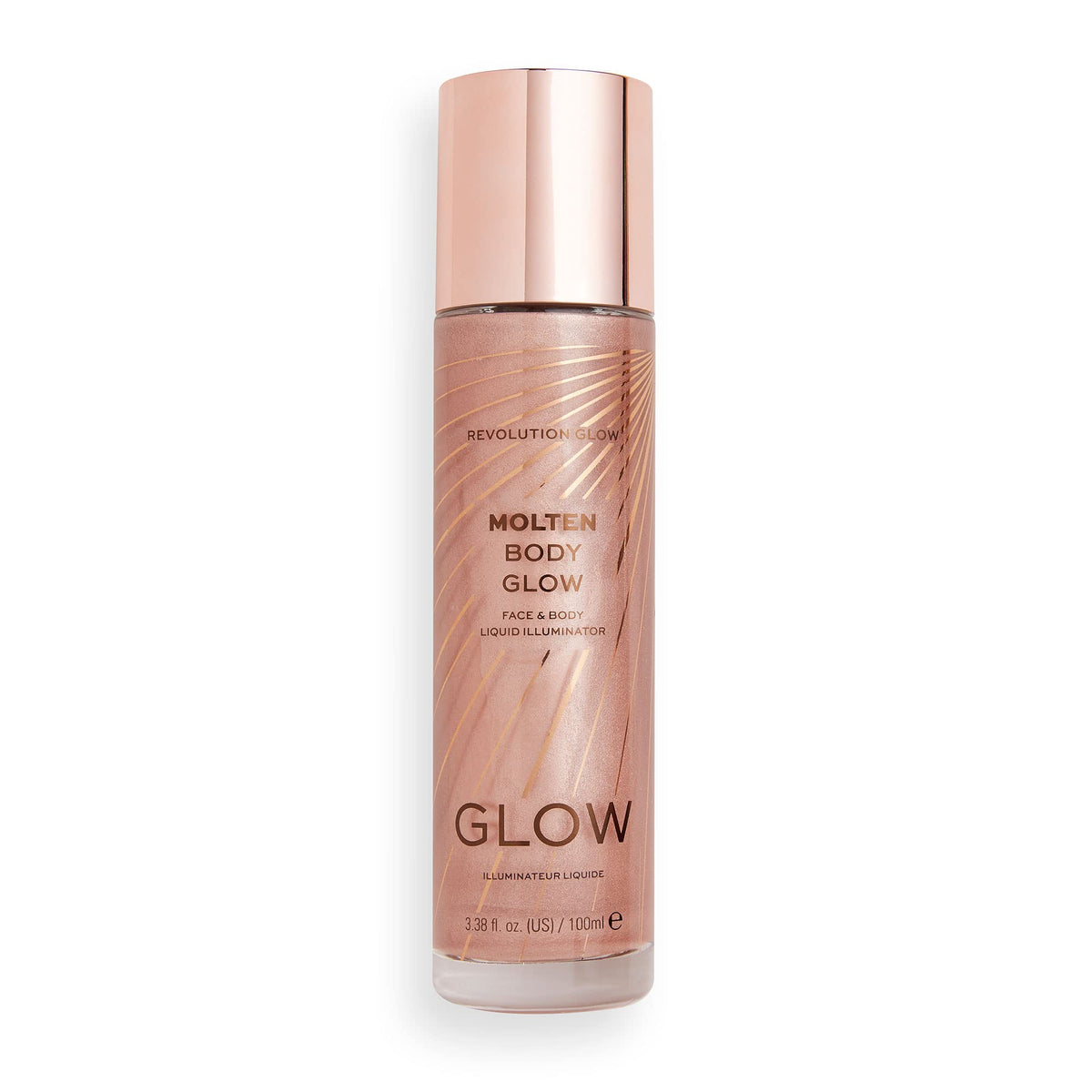 Molten Body Glow Rose Gold on collarbones and shoulders for radiant shine.