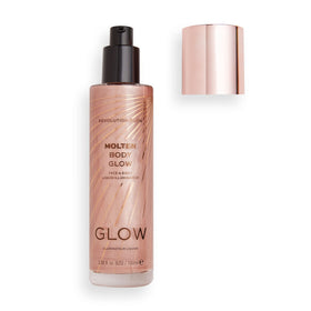 Makeup Revolution Molten Body Glow Rose Gold bottle highlights collarbones with pink shimmer.