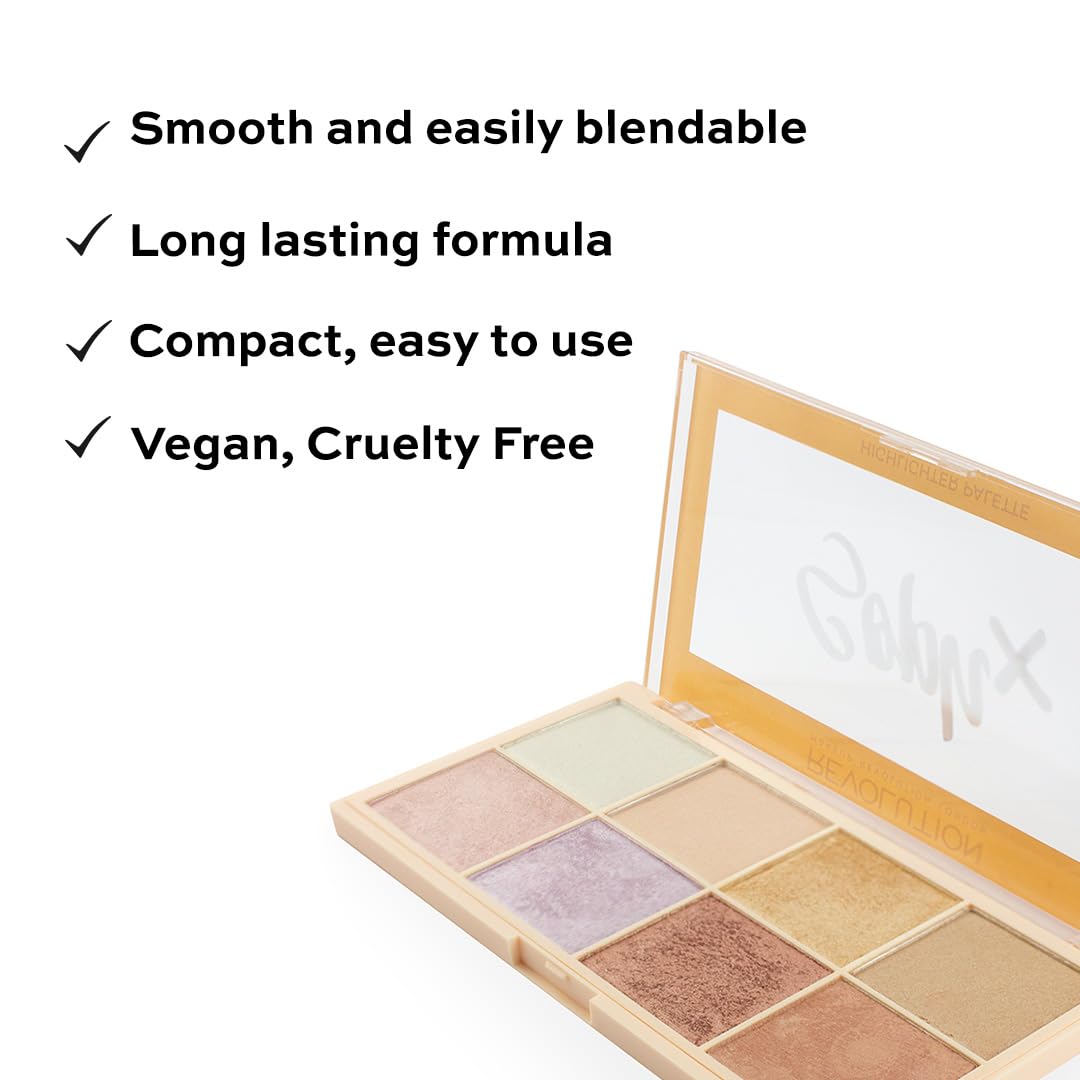 Close-up of baked and pressed shades in Soph X palette for buildable radiance
