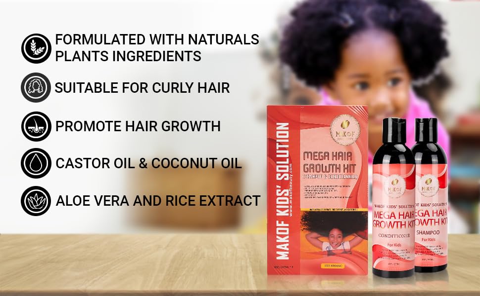 MAKOF Beauty Kid's Hair Growth Set leave-in conditioner bottle adds lasting moisture for curls.