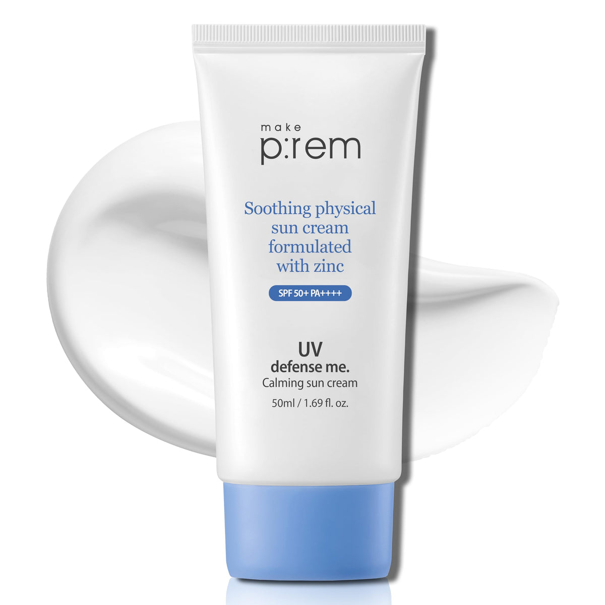 MAKEPREM UVA UVB Defense Me Calming Sun Cream bottle with vegan mineral SPF protection.