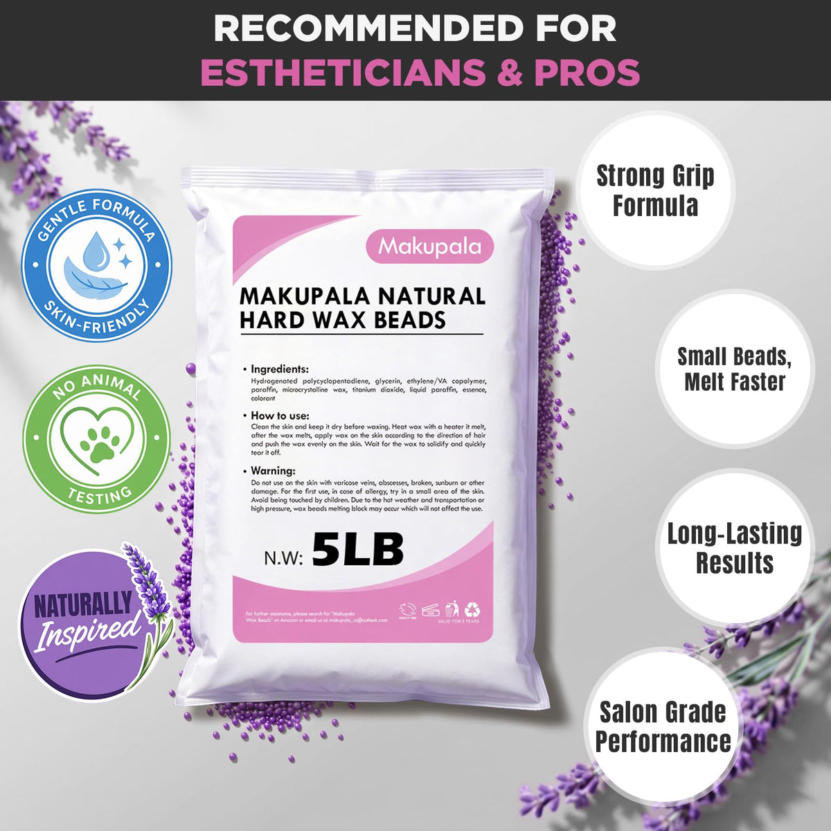 Makupala lavender wax melts at low temperature for comfortable bikini-area application.