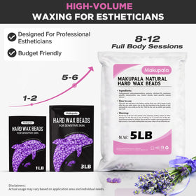 Makupala stripless lavender wax grips coarse hair for controlled Brazilian waxing.