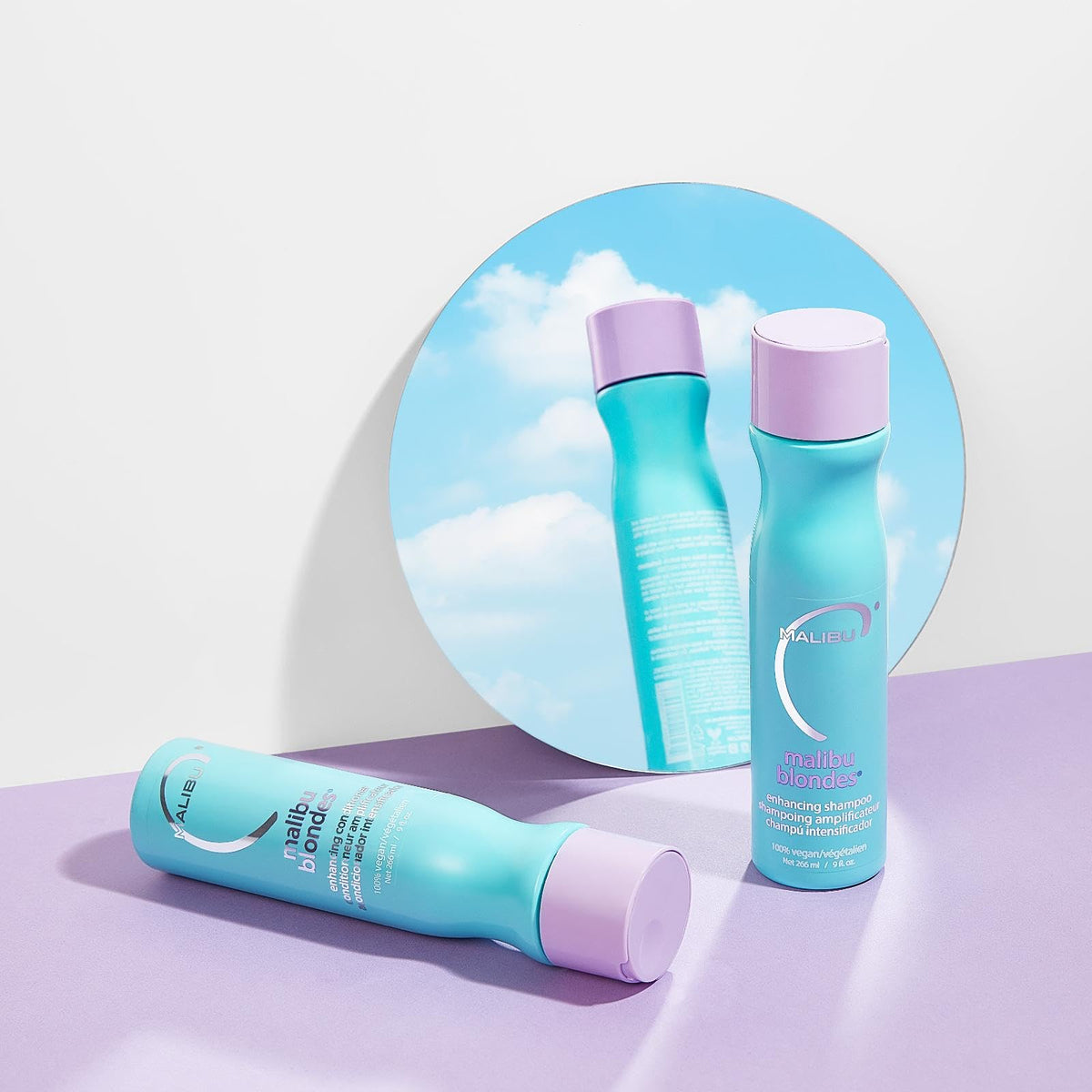 Malibu C bottle emphasizes vegan, sulfate-free benefits for blondes