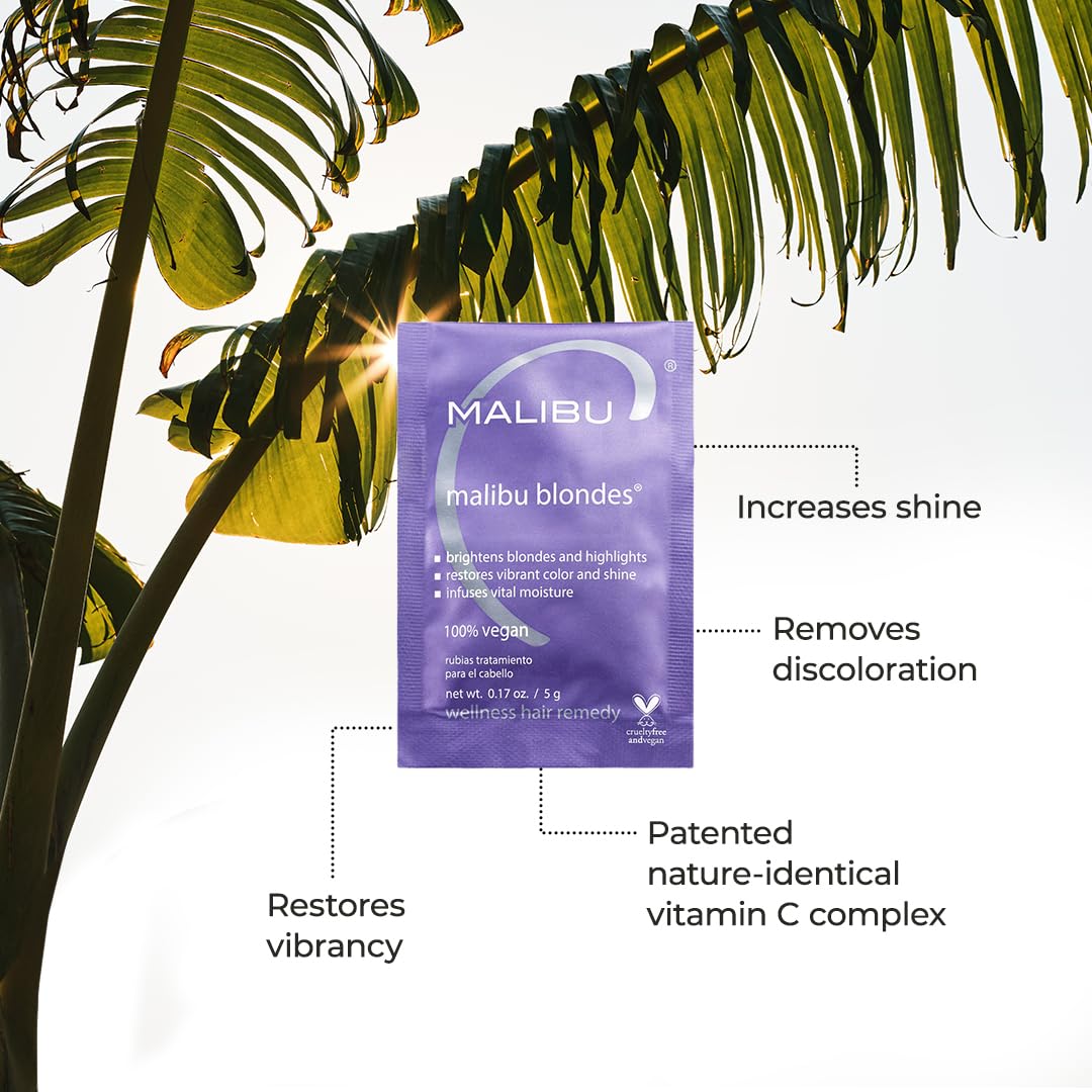 Malibu C Blondes Wellness Remedy vitamin C complex sachet highlights color restoration benefits.