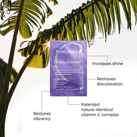 Malibu C Blondes Wellness Remedy vitamin C complex sachet highlights color restoration benefits.