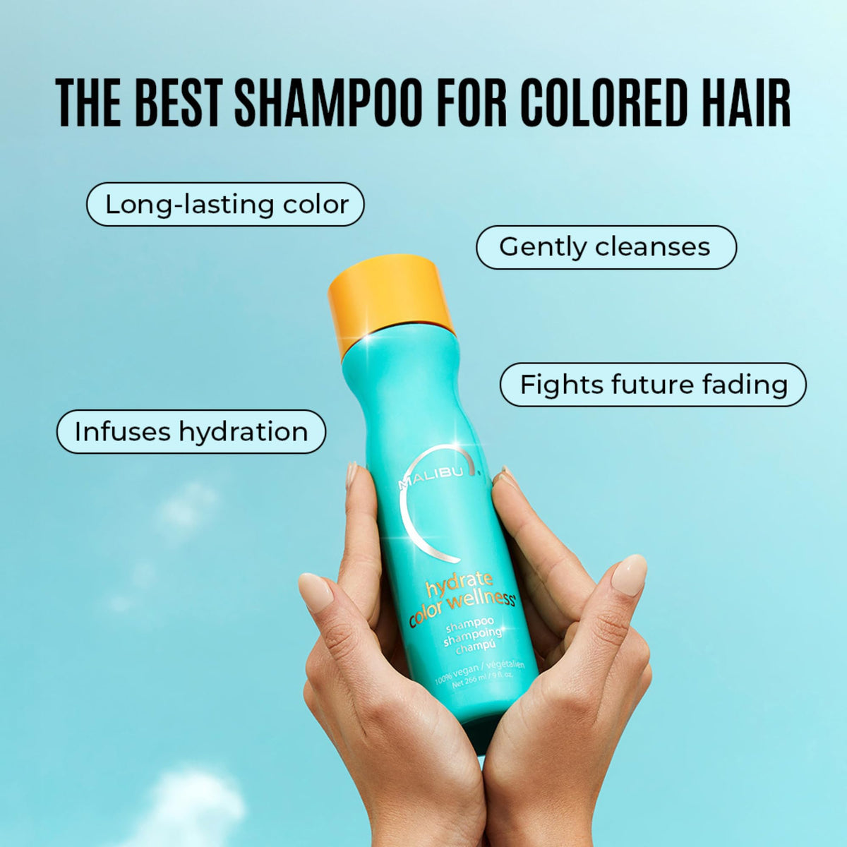 Malibu C Hydrate Color Wellness Shampoo in a bathroom scene with healthy-looking hair.