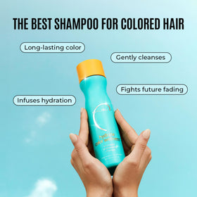 Malibu C Hydrate Color Wellness Shampoo in a bathroom scene with healthy-looking hair.