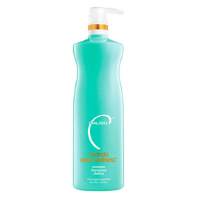 Malibu C Hydrate Color Wellness Shampoo bottle demonstrates color-safe hydration for color-treated hair.