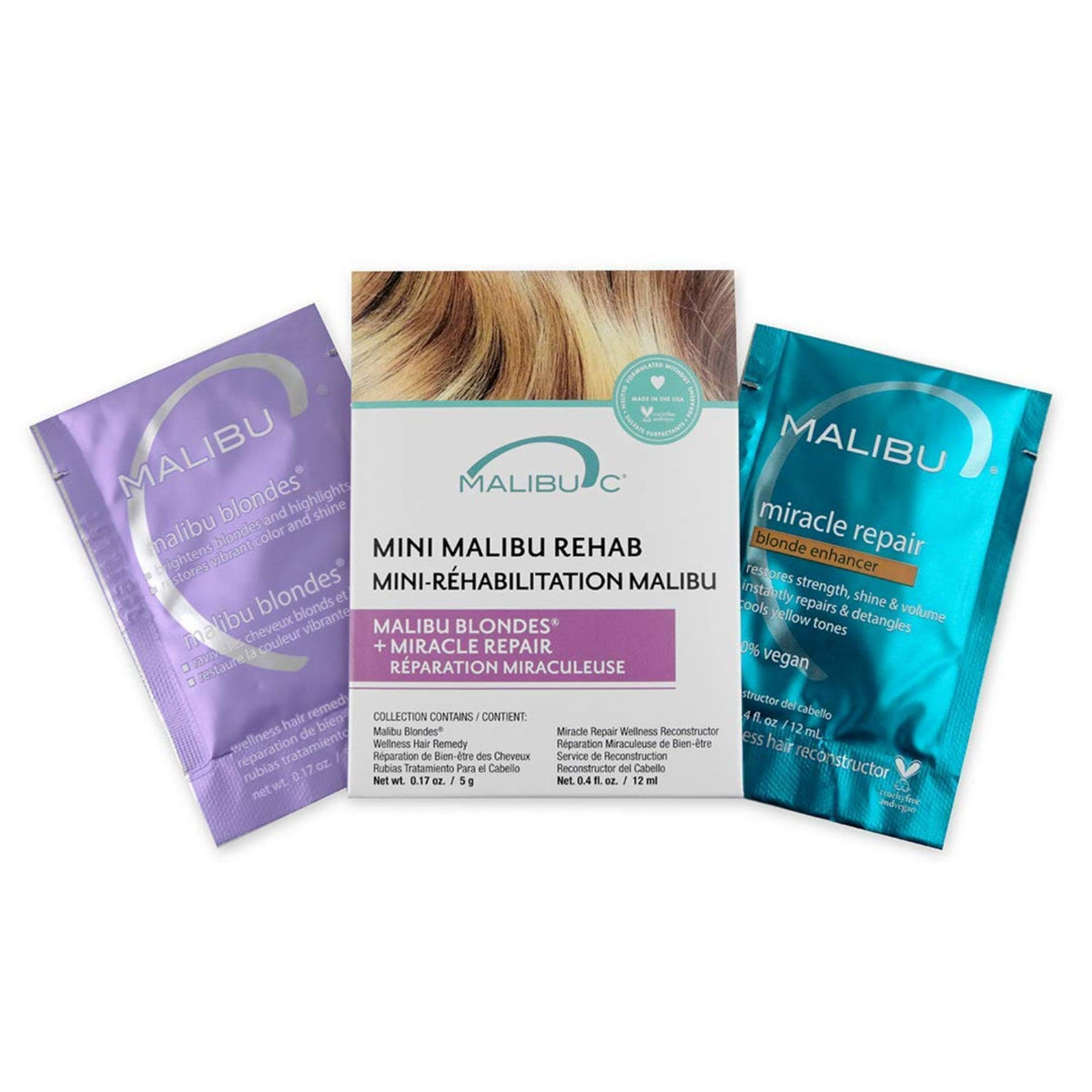 Malibu C Mini Rehab Blonde Packets for at-home color maintenance and vibrancy.
